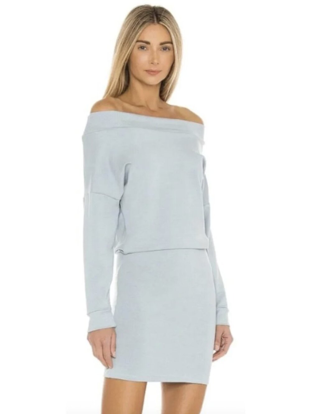 INDAH BODY Baby Ruth Mini Dress Small Clear Blue Off Shoulder Cozy Bamboo